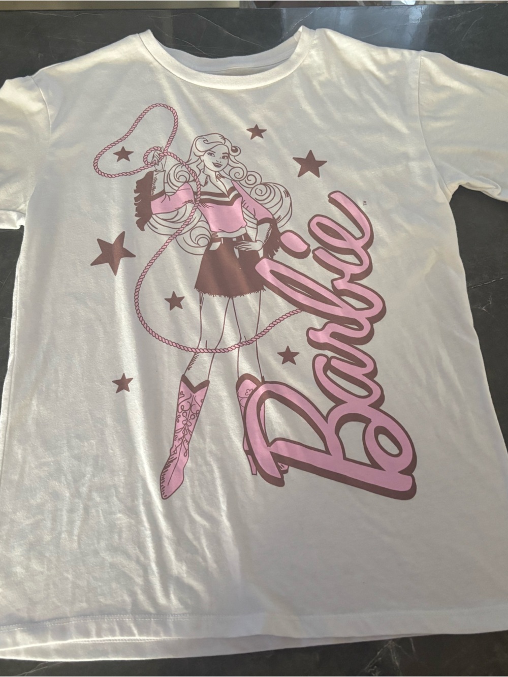 Mattel Barbie White Tee with Pink and Brown Graphic